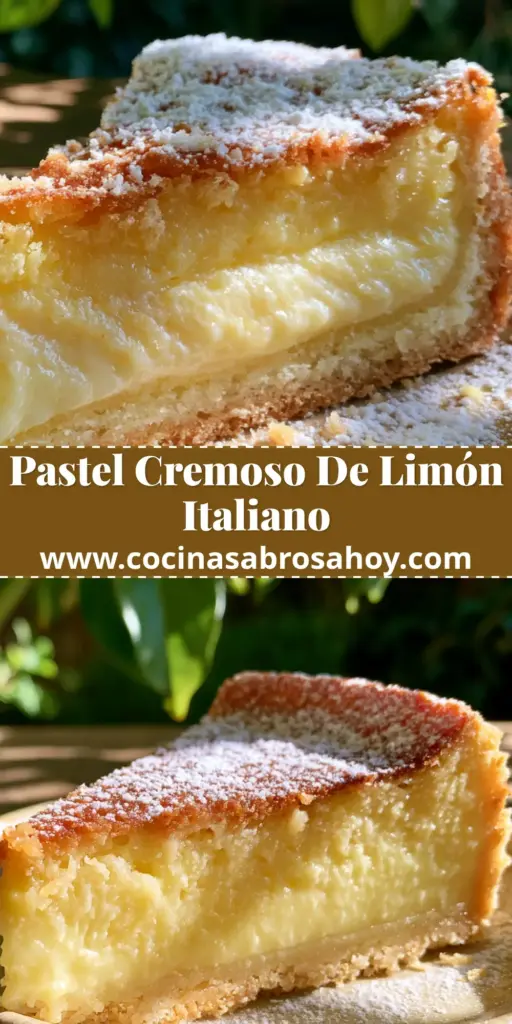 Una rebanada gruesa de pastel italiano de limón con relleno de crema amarilla pálida y base dorada en un plato rústico.