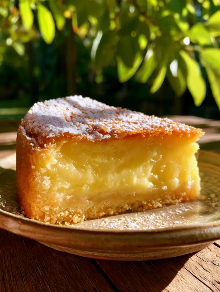 Rebanada de pastel italiano de limón servida en una mesa de madera en un jardín.