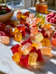 Fotografía estilo smartphone de gomitas caseras rojas y amarillas translúcidas en una encimera de mármol. (gomitas caseras)
