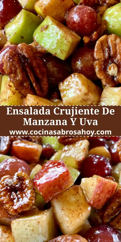 Ensalada de manzana vibrante con uvas, nueces y glaseado de miel en un bol blanco minimalista sobre una mesa de madera. (ensalada de manzana)