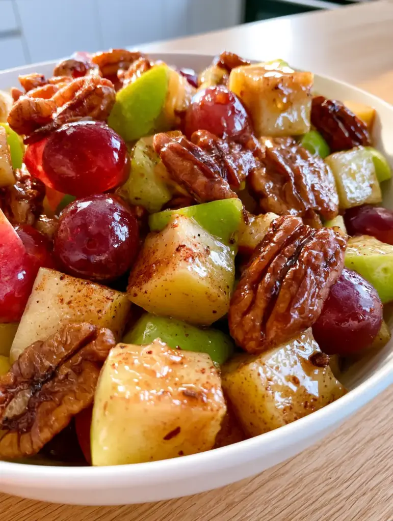 Vista cenital de ensalada de manzana con nueces pecanas tostadas y motas de canela.