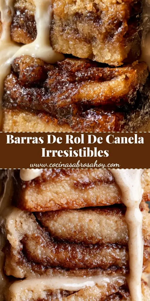 Primer plano de una torre de tres barras rol de canela con glaseado chorreando y centro de canela brillante.
