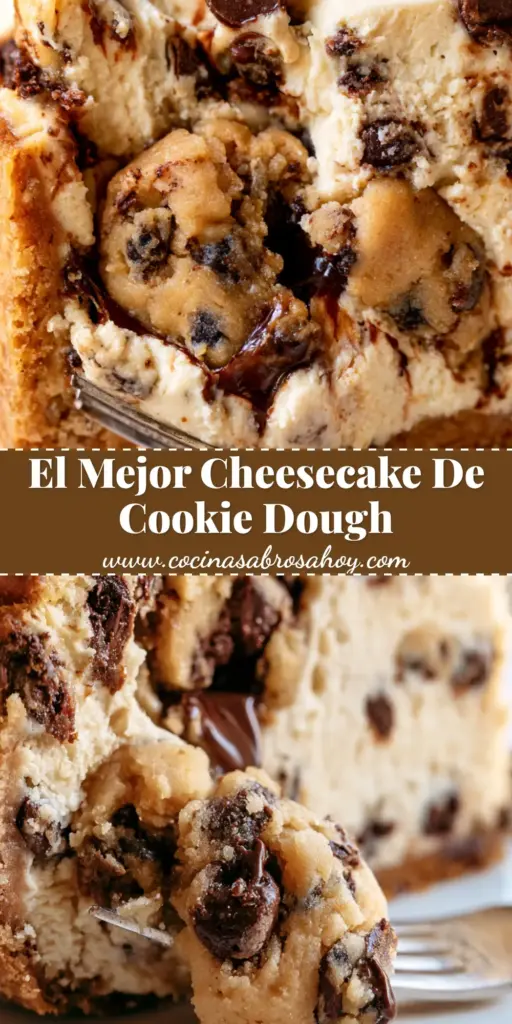 Primer plano de una rebanada de cheesecake cookie dough con trozos grandes de masa y chocolate derretido.