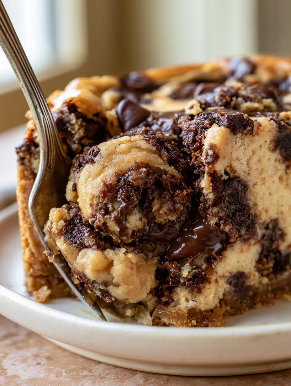 Toma macro de un tenedor presionando un cheesecake cookie dough cremoso con chispas de chocolate.