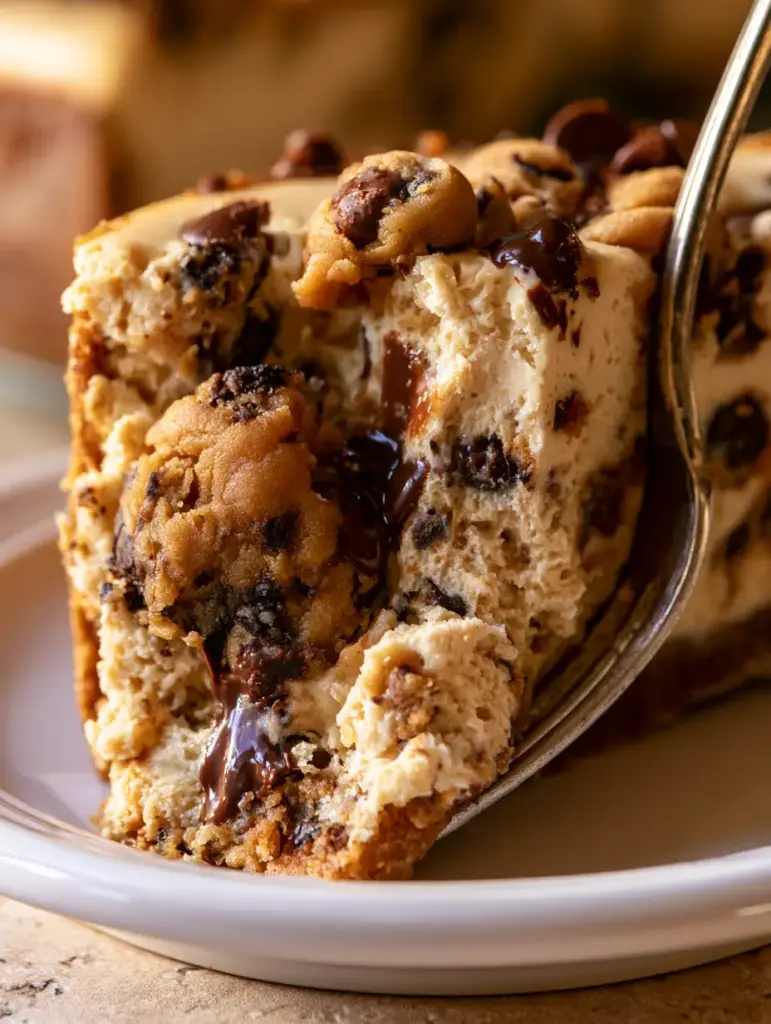 Rebanada de cheesecake cookie dough sobre plato blanco bajo luz natural.