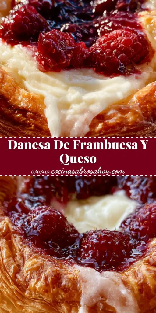 Danesa de frambuesa: El secreto para el hojaldre más crujiente y profesional 3 Primer plano de una danesa de frambuesa con hojaldre dorado, mermelada rubí y glaseado de azúcar sobre fondo de madera.