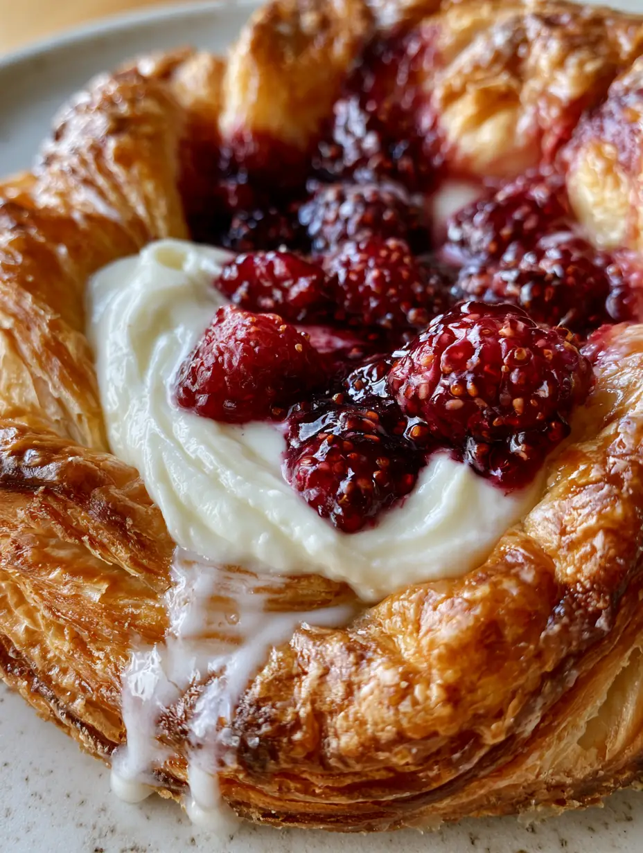 Danesa de frambuesa: El secreto para el hojaldre más crujiente y profesional 4 Foto de perfil de una danesa de frambuesa mostrando las capas finas del hojaldre y el relleno de cheesecake.