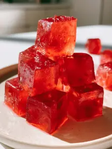 Foto tomada con celular de gomitas de gelatina rojas vibrantes iluminadas por la luz del sol en una cocina moderna.
