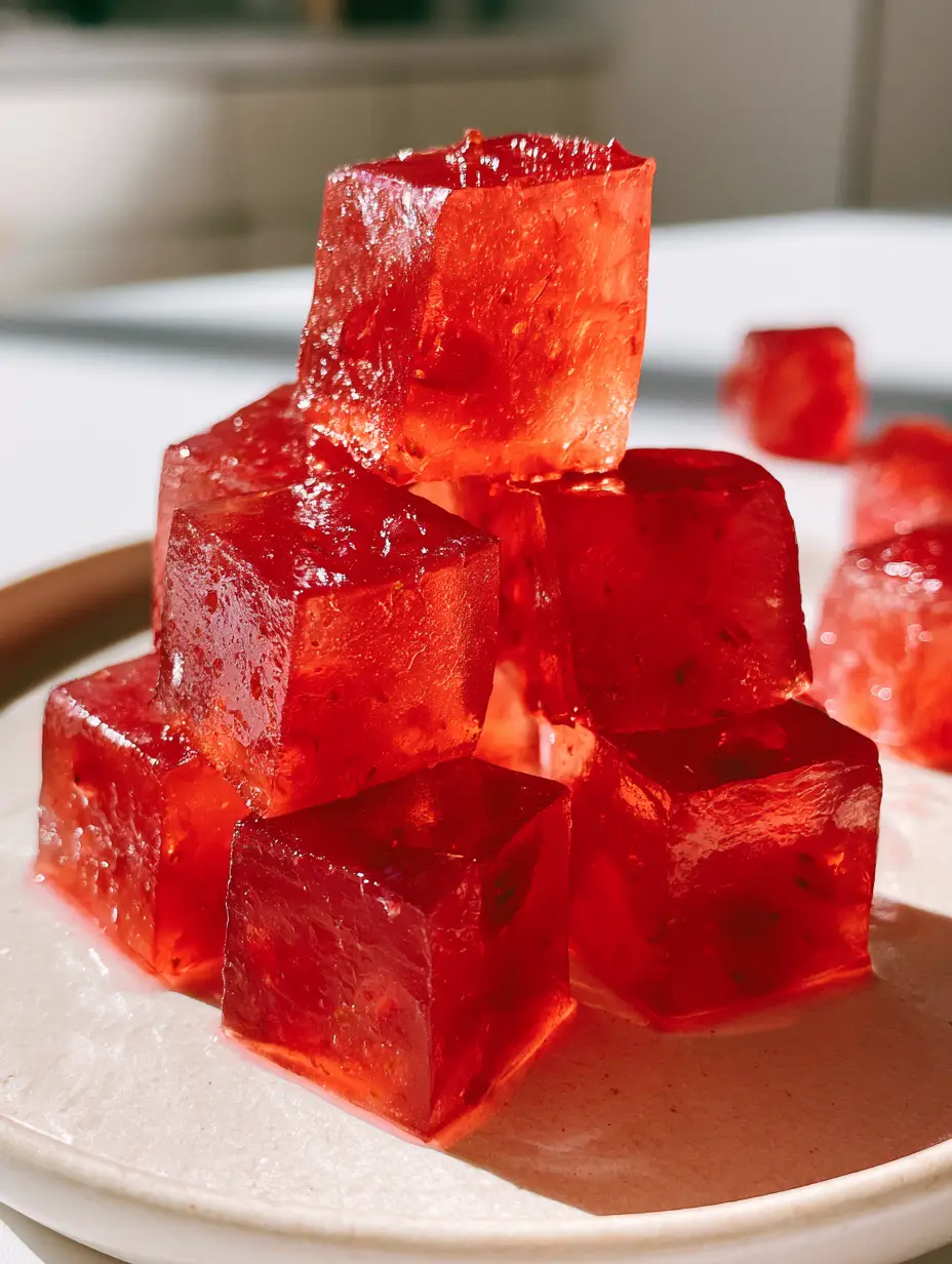 Foto tomada con celular de gomitas de gelatina rojas vibrantes iluminadas por la luz del sol en una cocina moderna.