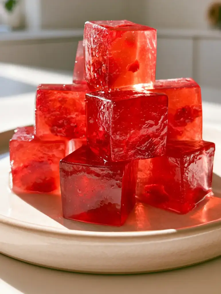 Pila de gomitas de gelatina cuadradas con gotas de agua sobre una superficie cerámica minimalista.
