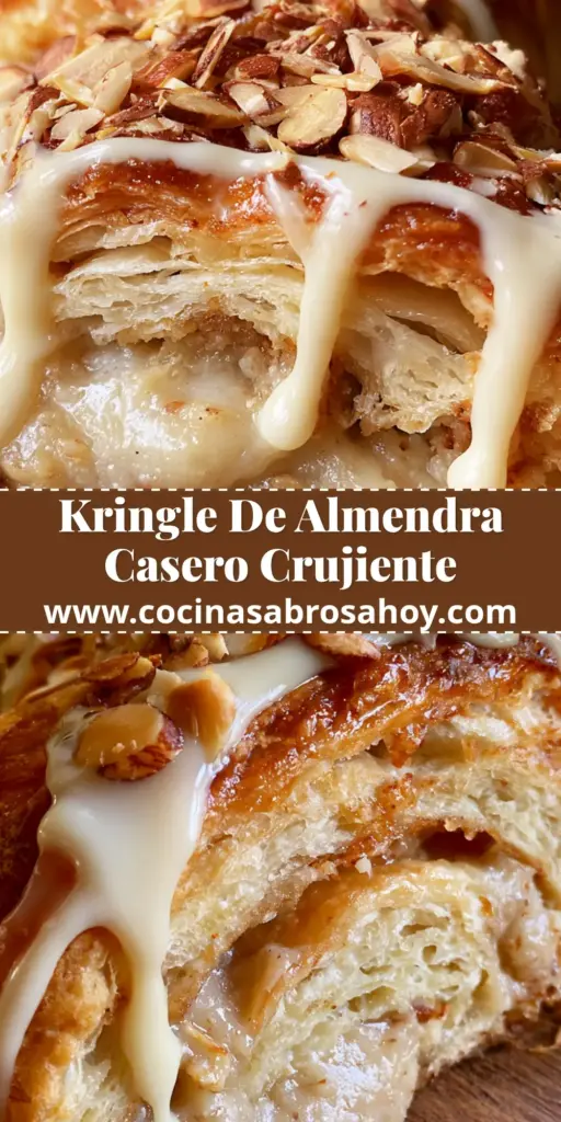 Vista superior de un kringle de almendra entero sobre una tabla de madera, decorado con glaseado denso y muchas almendras laminadas.