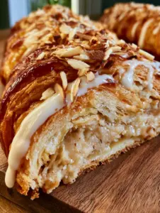 Primer plano macro de una rebanada de kringle de almendra mostrando las capas de hojaldre y el relleno de mazapán húmedo. (kringle de almendra)