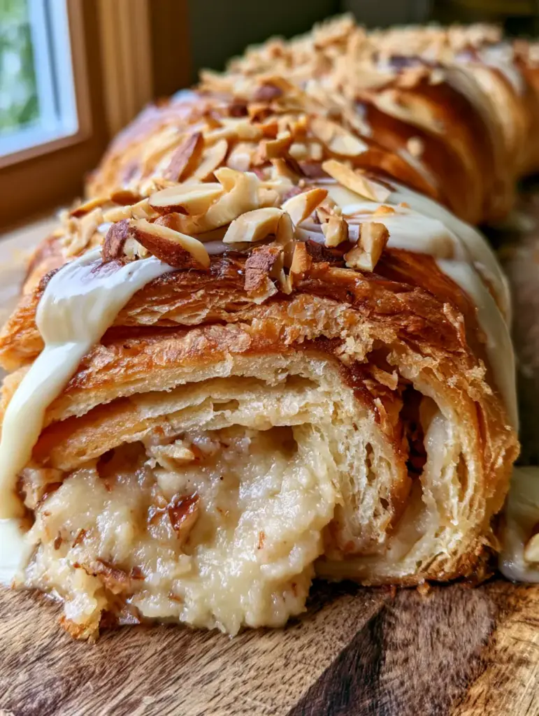 Detalle del glaseado de vainilla goteando sobre los bordes crujientes de un kringle de almendra recién horneado.
