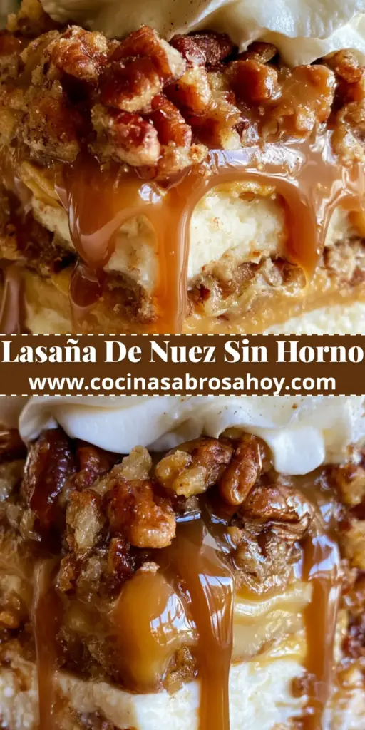 Primer plano de una rebanada alta de lasaña de nuez con capas de crema, pudín y caramelo goteando.