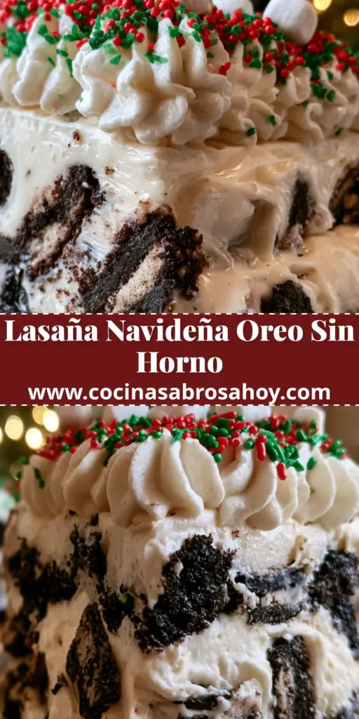 Una lasaña de Oreo presentada en capas perfectas con una base oscura, relleno cremoso con trozos de galleta y picos de nata montada decorados con motivos navideños. (lasaña de oreo)