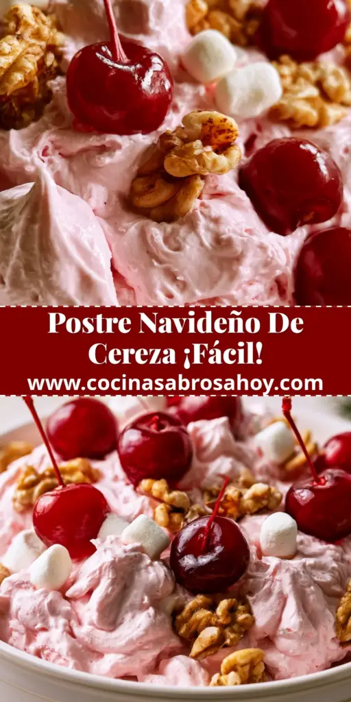 Primer plano de una ensalada de cereza servida en un bol blanco con cerezas con tallo, nueces doradas y malvaviscos.