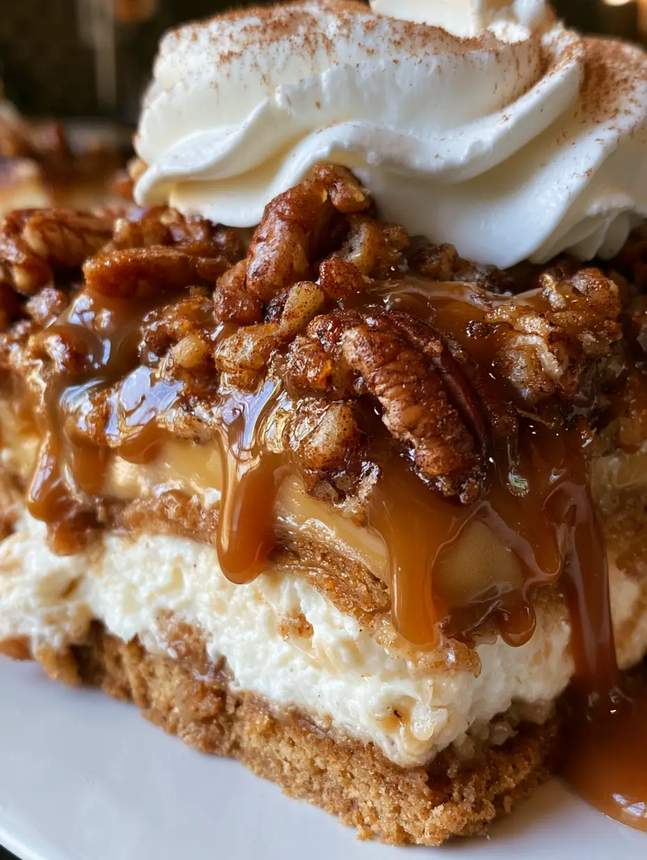 Foto de smartphone de una lasaña de nuez con topping de nueces tostadas y crema batida. (lasaña de nuez)