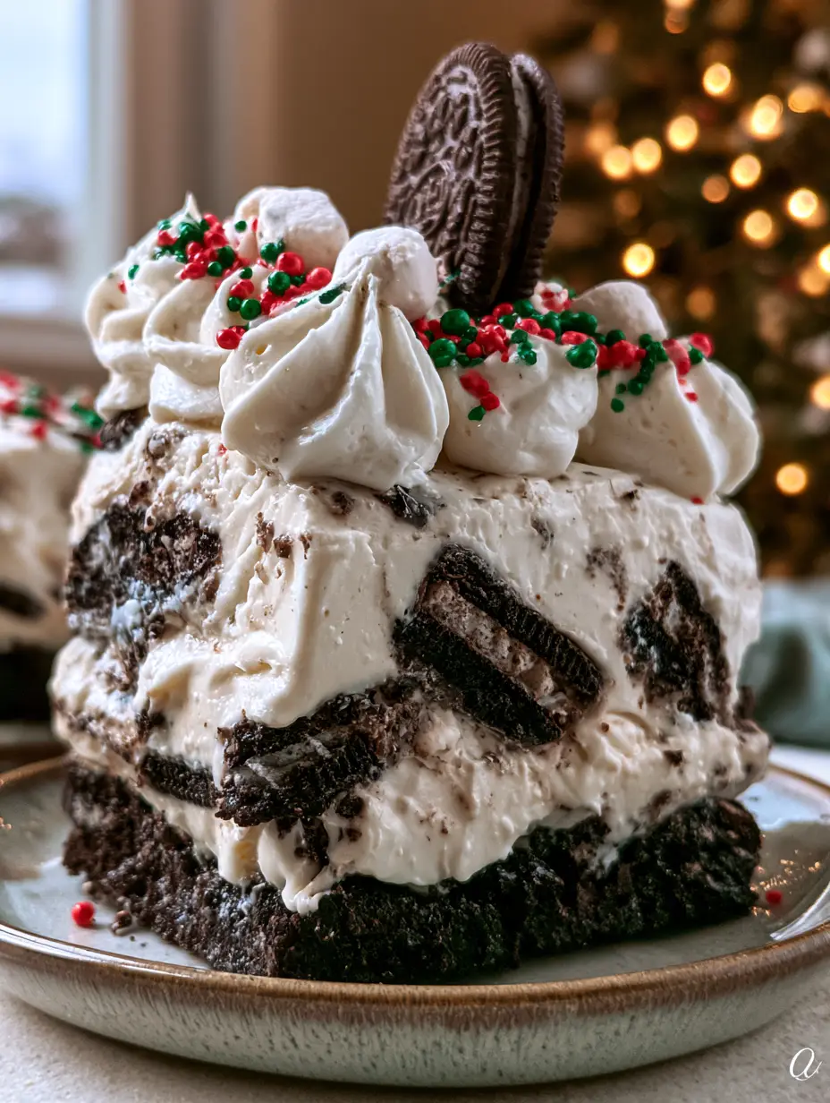 Primer plano de una porción cuadrada de lasaña de Oreo mostrando la textura de la base húmeda y el relleno de crema de queso con galletas. (lasaña de oreo)