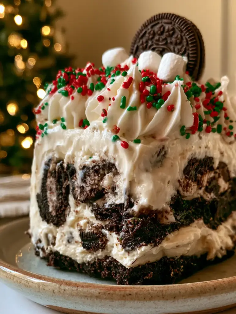 Vista superior de la lasaña de Oreo decorada con sprinkles rojos y verdes, mini malvaviscos y una galleta Oreo entera.