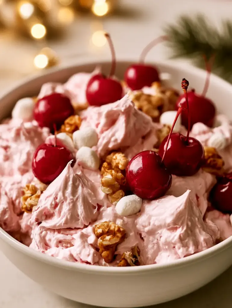 Ensalada de cereza en un ambiente festivo con luces de Navidad al fondo y ramas de pino.