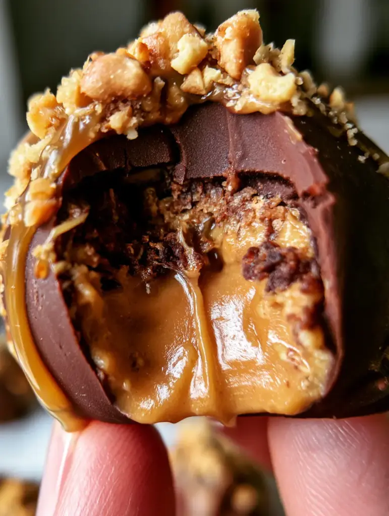 Detalle de trufa de chocolate con cobertura mate y goteo de caramelo dorado.