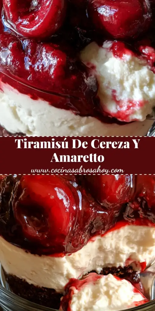 Capa superior brillante de un tiramisú de cereza con cerezas enteras glaseadas y menta en vaso de cristal.