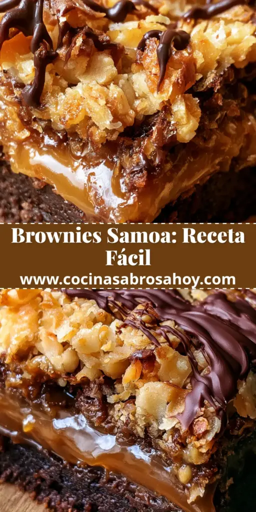 Primer plano de un brownie samoa perfectamente cortado mostrando las capas de chocolate, caramelo y coco tostado. (brownies samoa)