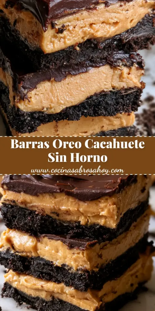 Primer plano de barras mantequilla de cacahuete y Oreo apiladas sobre una tabla de madera rústica con ganache brillante.