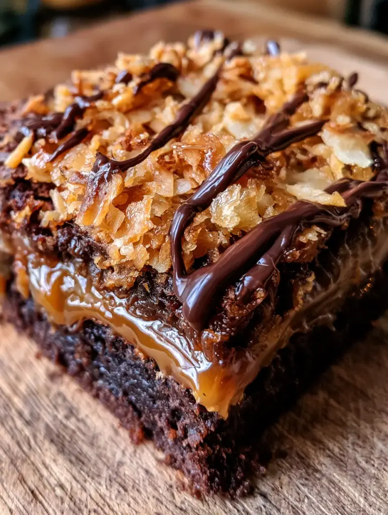 Vista en ángulo de un brownie samoa revelando su núcleo húmedo de chocolate y topping pegajoso.