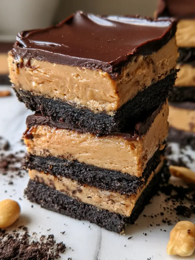 Detalle del ganache de chocolate ligeramente derretido sobre barras mantequilla de cacahuete.