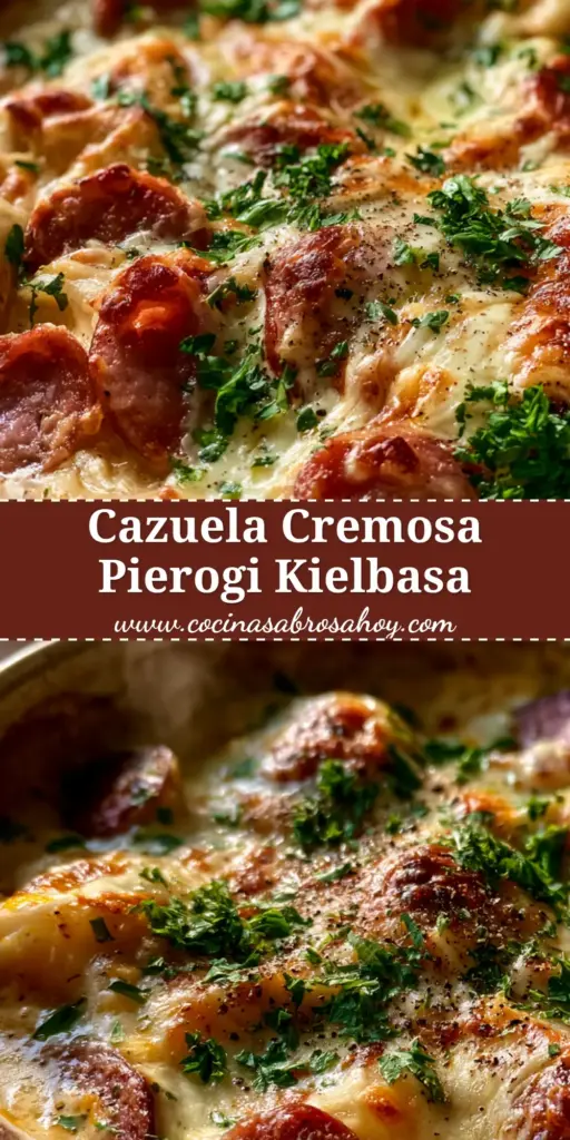 Vista superior de una cazuela de pierogi burbujeante con salchicha kielbasa dorada y queso fundido en una fuente blanca.