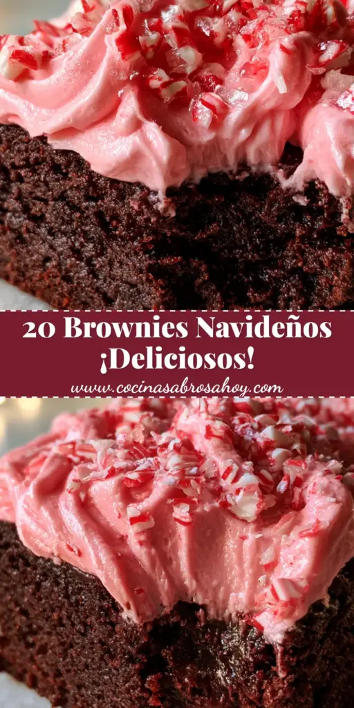 Brownies Navideños: La Receta Definitiva con Frosting de Menta y Bastones de Caramelo 3 Colección de brownies navideños decorados con frosting rosa y bastones de caramelo sobre una mesa festiva.
