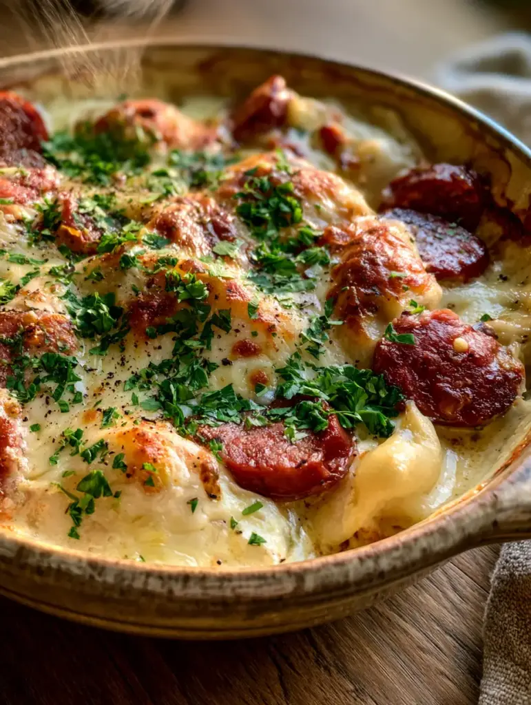 Cazuela de pierogi recién salida del horno con vapor ascendiendo y queso gratinado.