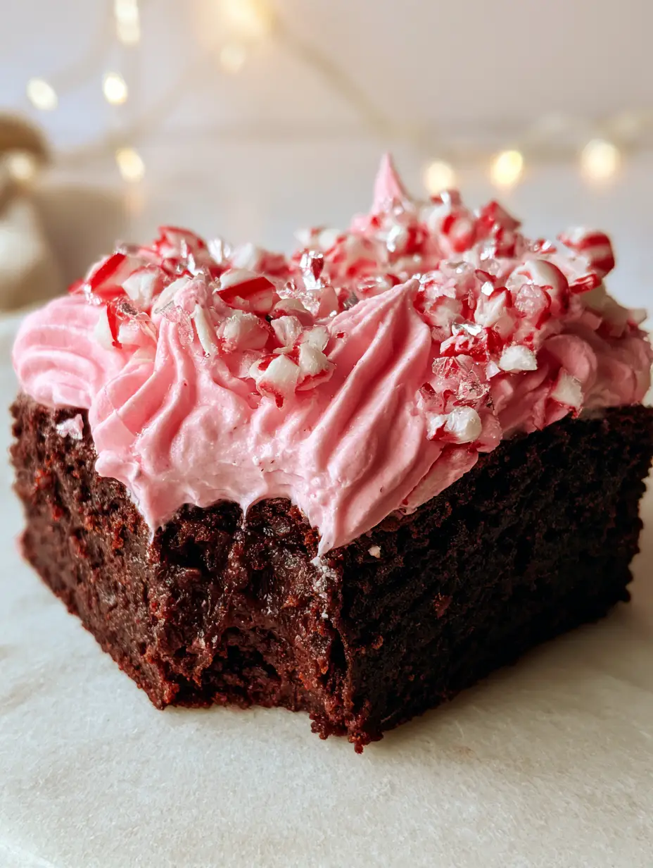 Brownies Navideños: La Receta Definitiva con Frosting de Menta y Bastones de Caramelo 4 Primer plano de un cuadrado de brownie navideño oscuro con frosting rosa arremolinado y trozos de caramelo.
