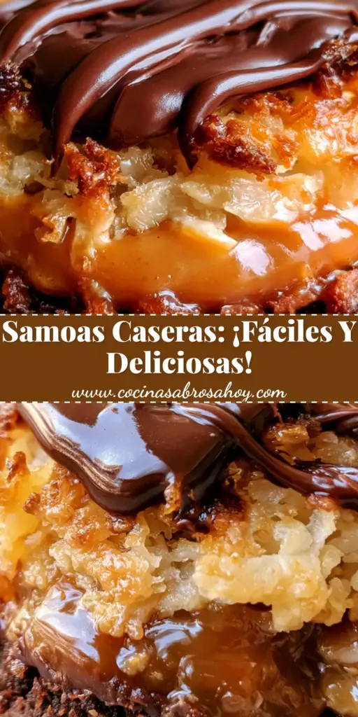 Primer plano de una torre de tres samoas sin horno con capas visibles de chocolate, caramelo y coco tostado.