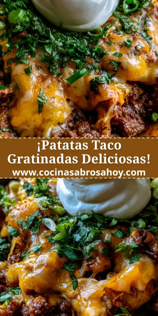 Primer plano de un cuenco de patatas estilo taco con queso fundido, carne de ternera y crema agria.