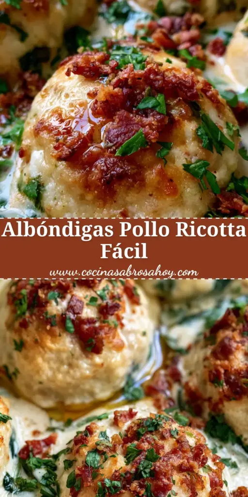 Primer plano de albóndigas pollo y ricotta doradas en salsa cremosa con tocino crujiente en bol blanco.