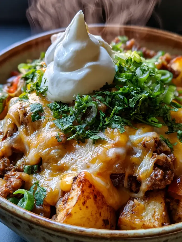 Detalle de los hilos de queso estirándose sobre las patatas estilo taco.