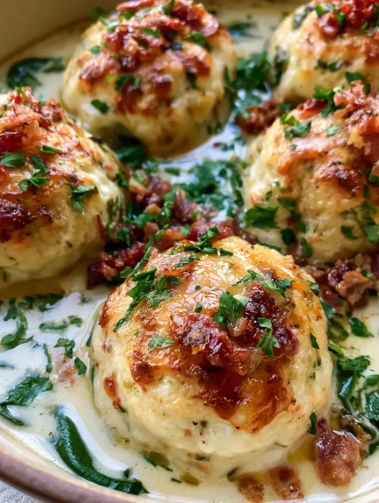 Detalle de albóndigas de pollo con queso ricotta, tocino desmoronado y perejil fresco.