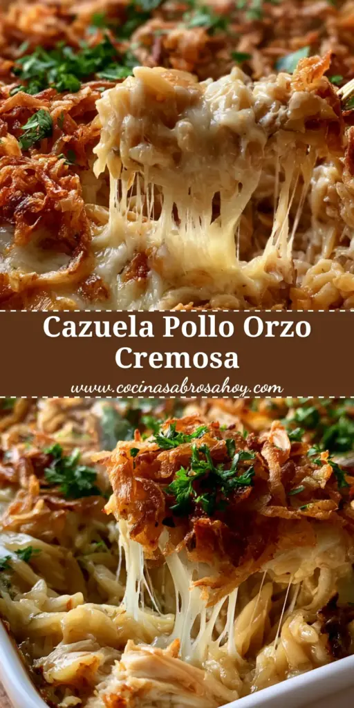 Primer plano de una cazuela pollo y orzo con queso Gruyère fundido, cebollas caramelizadas y cebollas fritas crujientes.