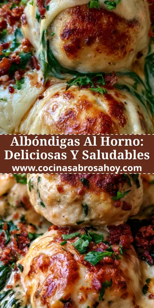 Albóndigas pollo y ricotta en salsa cremosa de parmesano y espinacas 3 Plato de albóndigas pollo y ricotta en salsa blanca cremosa con espinacas y tocino crujiente, vista cenital.