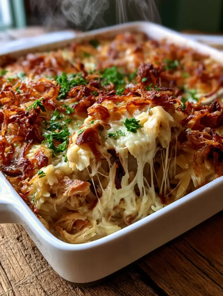 Una cuchara levantando una porción de cazuela pollo y orzo mostrando un cheese pull de queso Gruyère.