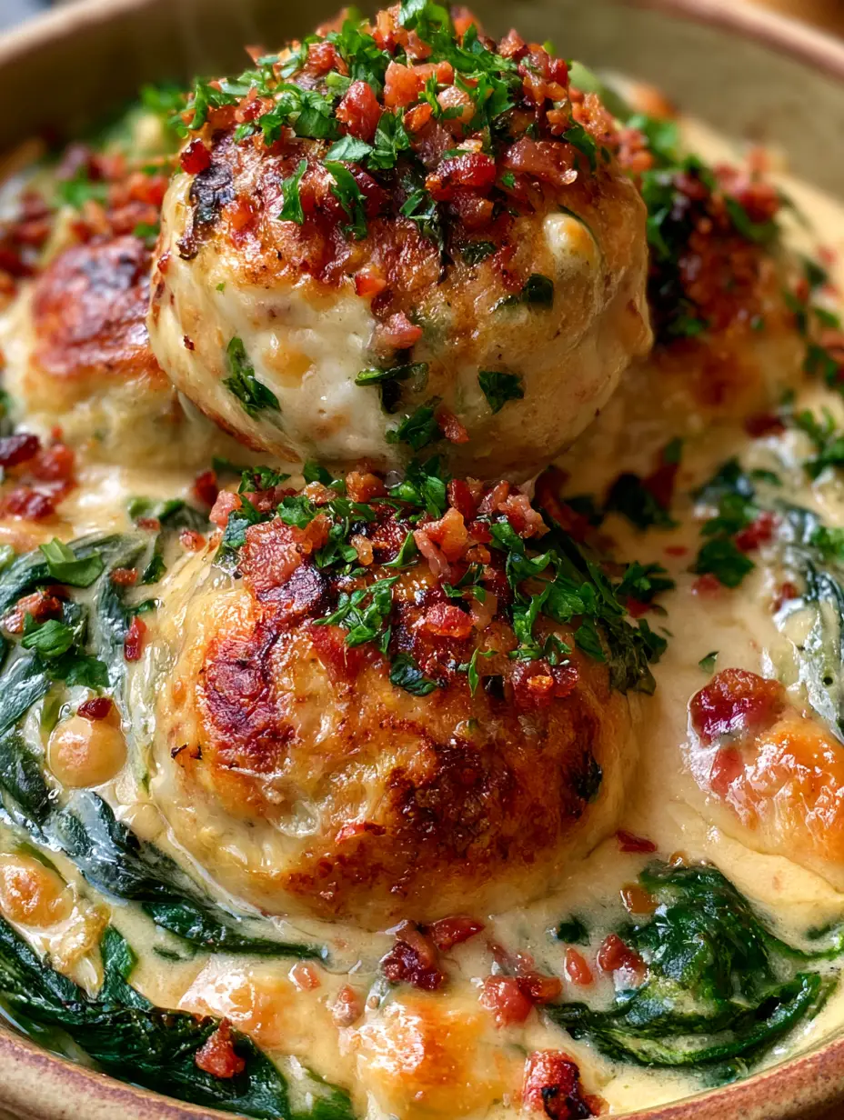 Albóndigas pollo y ricotta en salsa cremosa de parmesano y espinacas 4 Primer plano de albóndigas pollo y ricotta doradas bañadas en salsa brillante con perejil.