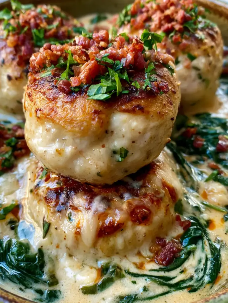 Albóndigas pollo y ricotta en salsa cremosa de parmesano y espinacas 1 Albóndigas de pollo en salsa cremosa mostrando el queso parmesano fundido y los trozos de tocino.