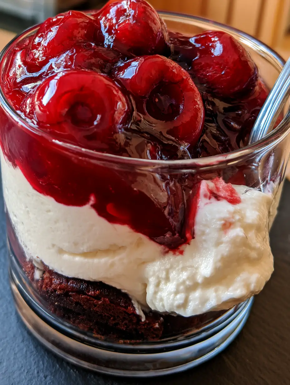 Foto lateral de tiramisú de cereza mostrando capas de bizcocho empapado, crema blanca y salsa de cereza roja.