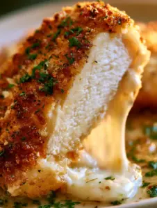 Primer plano del corte de pollo crujiente con parmesano mostrando el queso mozzarella estirándose.