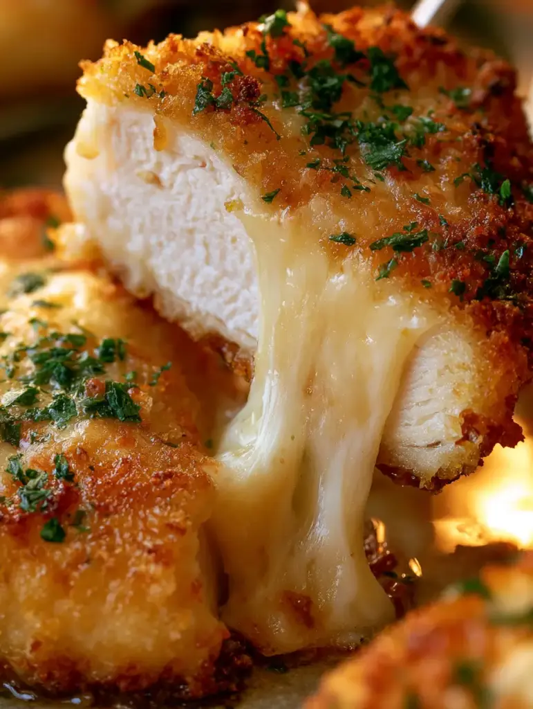 Textura detallada del empanizado de ajo, perejil y parmesano sobre el pollo crujiente.