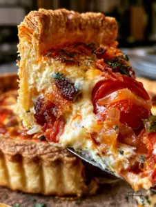 Corte transversal de una tarta salada de tomate mostrando capas de tocino, cebolla y tomates heirloom.