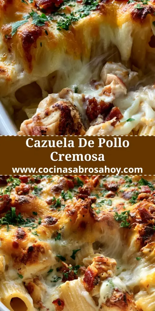 Primer plano de una cazuela fantástica burbujeante con rigatoni, pollo y queso dorado en una fuente rústica.