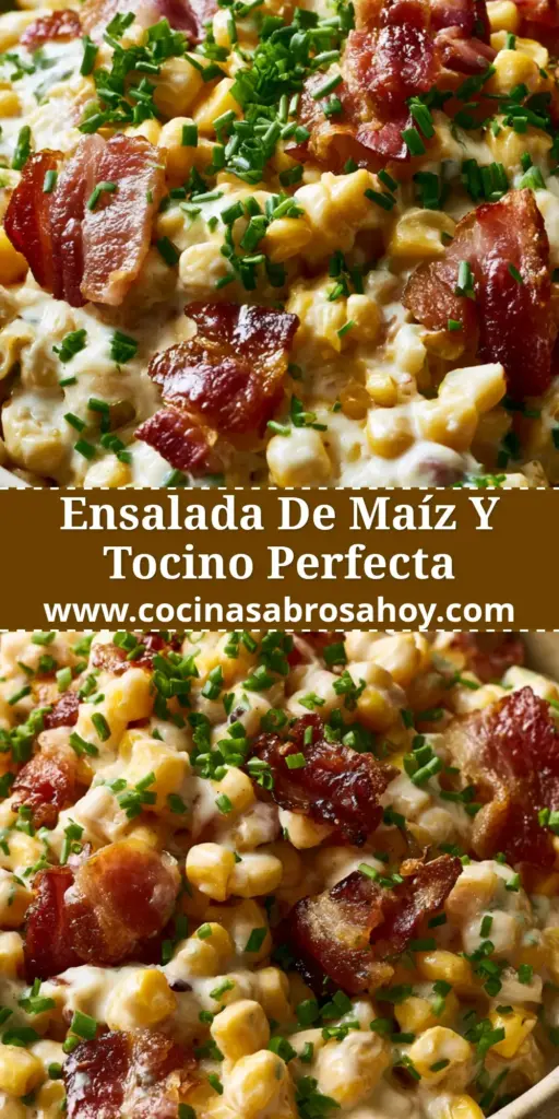 Primer plano de una ensalada maíz y tocino en un bol rústico con aderezo cremoso y hierbas frescas.